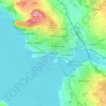 Mapa topográfico Hamar, altitude, relevo