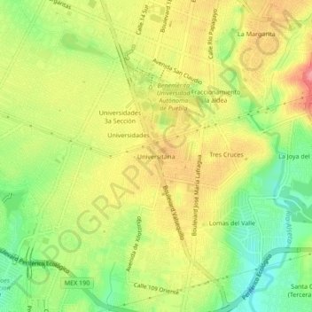 Mapa topográfico Universitaria, altitude, relevo