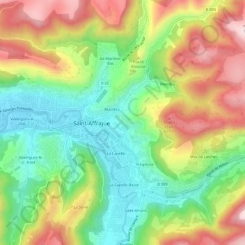 Mapa topográfico Les Combes, altitude, relevo