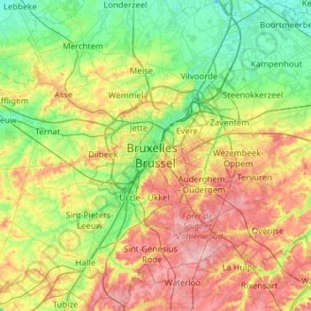 Mapa topográfico Bruxelas, altitude, relevo