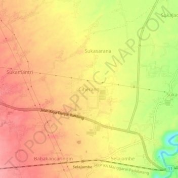 Mapa topográfico Ciherang, altitude, relevo