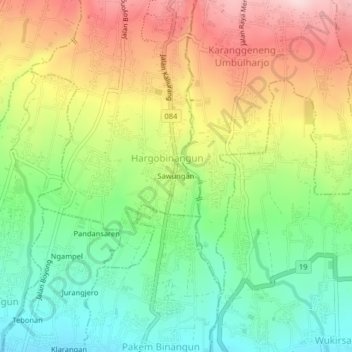 Mapa topográfico Sawungan, altitude, relevo