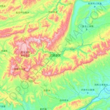 Mapa topográfico 武陵源区, altitude, relevo