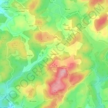 Mapa topográfico Arzaillers, altitude, relevo
