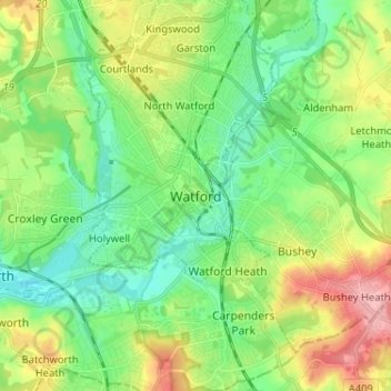 Mapa topográfico Watford, altitude, relevo
