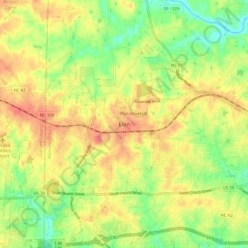 Mapa topográfico Elon, altitude, relevo
