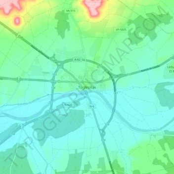 Mapa topográfico Tordesillas, altitude, relevo