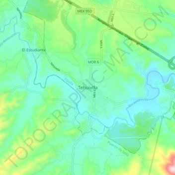 Mapa topográfico Tehuixtla, altitude, relevo