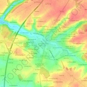 Mapa topográfico Les Quatre Routes, altitude, relevo