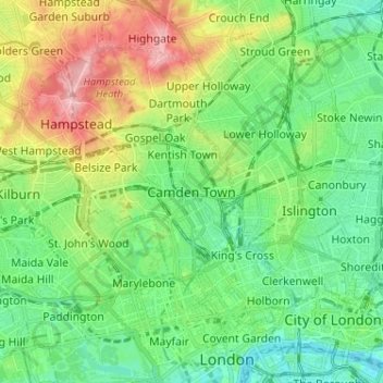 Mapa topográfico Camden Town, altitude, relevo