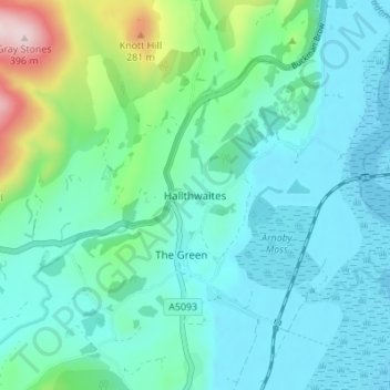 Mapa topográfico Hallthwaites, altitude, relevo