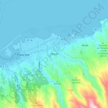Mapa topográfico Pīra’e, altitude, relevo