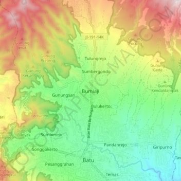 Mapa topográfico Bumiaji, altitude, relevo