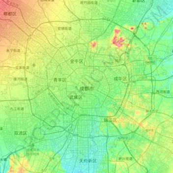 Mapa topográfico Chengdu, altitude, relevo