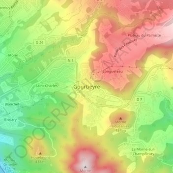 Mapa topográfico Gourbeyre, altitude, relevo