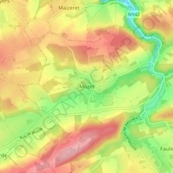 Mapa topográfico Mozet, altitude, relevo