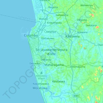 Mapa topográfico Sri Jayawardenapura Kotte, altitude, relevo