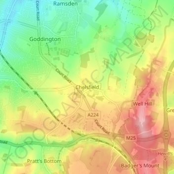 Mapa topográfico Chelsfield, altitude, relevo