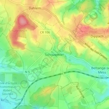 Mapa topográfico Schouweiler, altitude, relevo