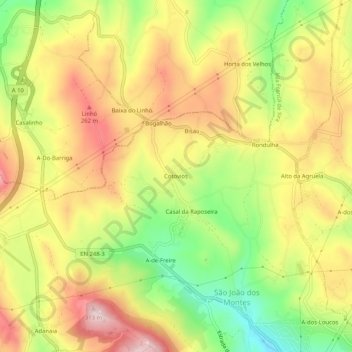 Mapa topográfico Cotovios, altitude, relevo