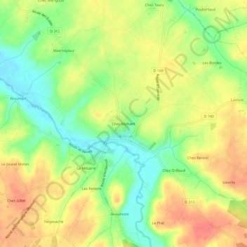 Mapa topográfico Chez Malivert, altitude, relevo