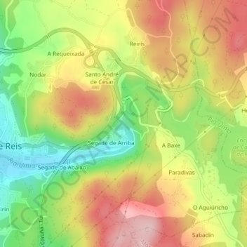 Mapa topográfico Fervenza de Segade, altitude, relevo