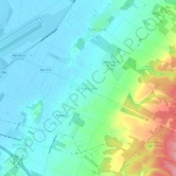 Mapa topográfico S'Aranjassa, altitude, relevo