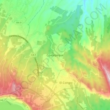 Mapa topográfico Coatepeque, altitude, relevo
