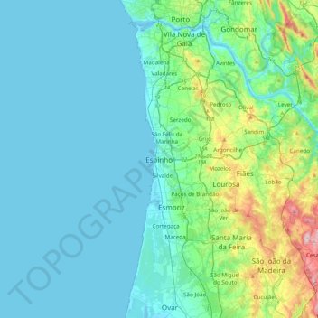 Mapa topográfico Espinho, altitude, relevo