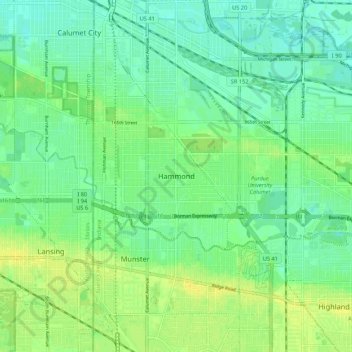 Mapa topográfico Hammond, altitude, relevo