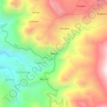 Mapa topográfico Tocuco, altitude, relevo