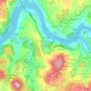 Mapa topográfico Covas de Baixo, altitude, relevo