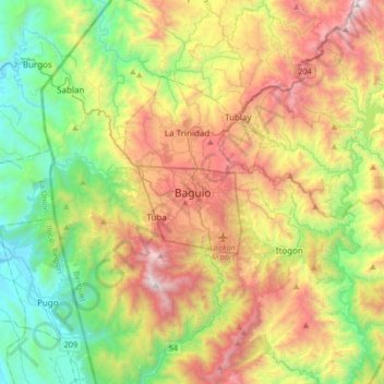 Mapa topográfico Baguio, altitude, relevo