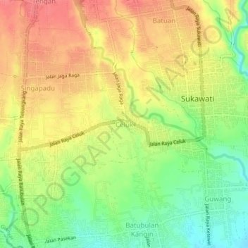 Mapa topográfico Celuk, altitude, relevo