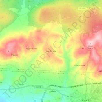 Mapa topográfico Vale Telheiro, altitude, relevo