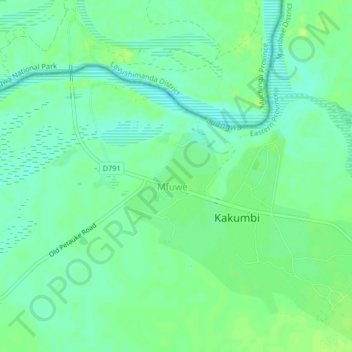 Mapa topográfico Mfuwe, altitude, relevo