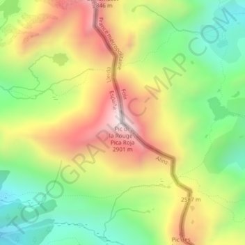 Mapa topográfico Pic de la Soucarrane ou de la Rouge, altitude, relevo