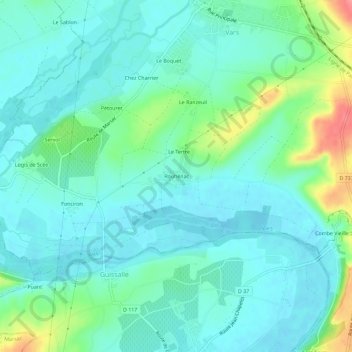 Mapa topográfico Rouhénac, altitude, relevo