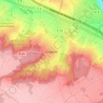 Mapa topográfico Orgeval, altitude, relevo