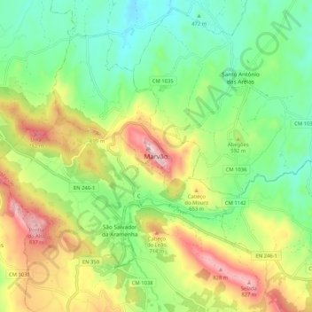 Mapa topográfico Marvão, altitude, relevo