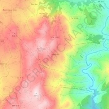 Mapa topográfico Torneiros, altitude, relevo