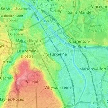 Mapa topográfico Ivry-sur-Seine, altitude, relevo
