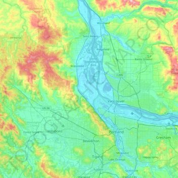 Mapa topográfico Sauvie Island, altitude, relevo