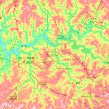 Mapa topográfico Americana, altitude, relevo