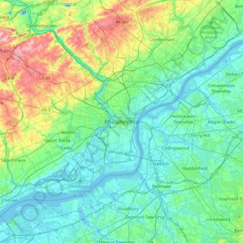 Mapa topográfico Philadelphie, altitude, relevo