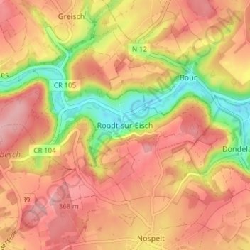 Mapa topográfico Roodt-sur-Eisch, altitude, relevo