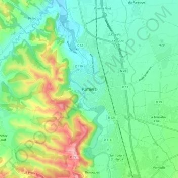 Mapa topográfico Pamiers, altitude, relevo
