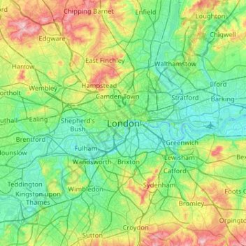 Mapa topográfico Londres, altitude, relevo