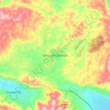 Mapa topográfico San Juan Chamula, altitude, relevo