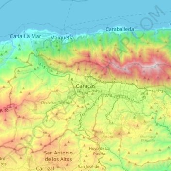 Mapa topográfico Caracas, altitude, relevo